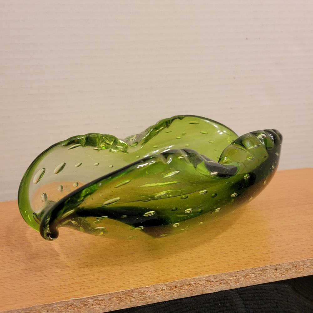 Vintage Murano Alfredo Barbini Bullicante Olive Green Ashtray Swirl Design - Picture 1 of 10
